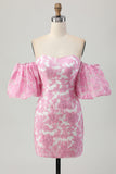 Strapless Floral Textured Pink Short Prom Dress with Puff Sleeves
