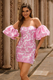 Strapless Floral Textured Pink Short Prom Dress with Puff Sleeves