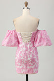 Strapless Floral Textured Pink Short Prom Dress with Puff Sleeves