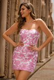 Strapless Floral Textured Pink Short Prom Dress with Puff Sleeves