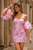 Strapless Floral Textured Pink Short Prom Dress with Puff Sleeves