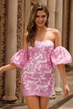 Strapless Floral Textured Pink Short Prom Dress with Puff Sleeves