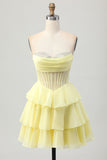 Yellow Strapless Corset A Line Beaded Graduation Dress