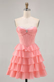 Strapless Purple Tiered Corset A Line Mini Prom Dress