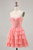 Strapless Purple Tiered Corset A Line Mini Prom Dress
