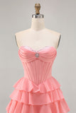 Strapless Purple Tiered Corset A Line Mini Prom Dress