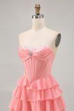 Strapless Purple Tiered Corset A Line Mini Prom Dress