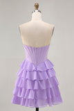 Strapless Purple Tiered Corset A Line Mini Prom Dress