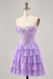 Strapless Purple Tiered Corset A Line Mini Prom Dress