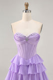 Strapless Purple Tiered Corset A Line Mini Prom Dress