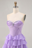 Strapless Purple Tiered Corset A Line Mini Prom Dress