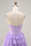 Strapless Purple Tiered Corset A Line Mini Prom Dress