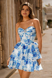 Strapless A-Line Corset Tiered Fuchsia Floral Short Prom Dress