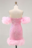 Sparkly Off The Shoulder Pink Sequins Tight Mini Prom Dress