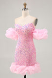 Sparkly Off The Shoulder Pink Sequins Tight Mini Prom Dress