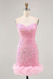 Sparkly Off The Shoulder Pink Sequins Tight Mini Prom Dress