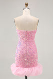 Sparkly Off The Shoulder Pink Sequins Tight Mini Prom Dress