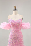 Sparkly Off The Shoulder Pink Sequins Tight Mini Prom Dress