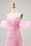 Sparkly Off The Shoulder Pink Sequins Tight Mini Prom Dress