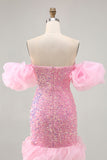 Sparkly Off The Shoulder Pink Sequins Tight Mini Prom Dress