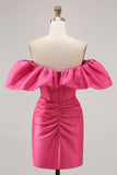 Satin Off The Shoulder Fuchsia Ruffled Tight Mini Prom Dress