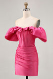 Satin Off The Shoulder Fuchsia Ruffled Tight Mini Prom Dress