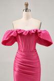 Satin Off The Shoulder Fuchsia Ruffled Tight Mini Prom Dress