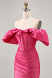 Satin Off The Shoulder Fuchsia Ruffled Tight Mini Prom Dress