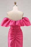 Satin Off The Shoulder Fuchsia Ruffled Tight Mini Prom Dress