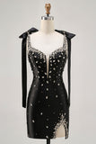Sparkly Black Spaghetti Straps Tight Rhinestones Short Prom Dress with Slit