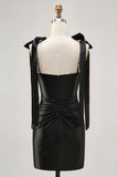 Sparkly Black Spaghetti Straps Tight Rhinestones Short Prom Dress with Slit