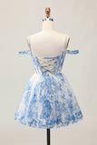 White Blue Flower A-Line Cold Shoulder Printed Beaded Short Prom Dress