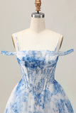 White Blue Flower A-Line Cold Shoulder Printed Beaded Short Prom Dress