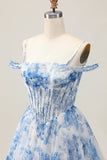 White Blue Flower A-Line Cold Shoulder Printed Beaded Short Prom Dress