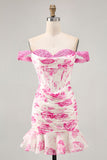 White Blue Flower Off the Shoulder Corset Satin Graduation Dress with Ruffles