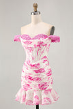 White Blue Flower Off the Shoulder Corset Satin Graduation Dress with Ruffles