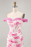 White Blue Flower Off the Shoulder Corset Satin Graduation Dress with Ruffles