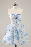 A-Line Strapless Corset Tiered Pink Flower Short Prom Dress