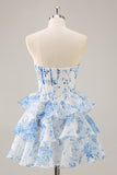 A-Line Strapless Corset Tiered Pink Flower Short Prom Dress