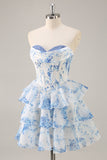 A-Line Strapless Corset Tiered Pink Flower Short Prom Dress