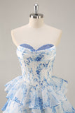A-Line Strapless Corset Tiered Pink Flower Short Prom Dress