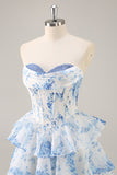 A-Line Strapless Corset Tiered Pink Flower Short Prom Dress