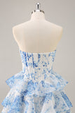 A-Line Strapless Corset Tiered Pink Flower Short Prom Dress