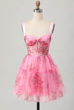 Pink Floral A-Line Spaghetti Straps Corset Short Prom Dress