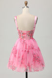 Pink Floral A-Line Spaghetti Straps Corset Short Prom Dress