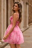 Pink Floral A-Line Spaghetti Straps Corset Short Prom Dress
