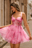 Pink Floral A-Line Spaghetti Straps Corset Short Prom Dress