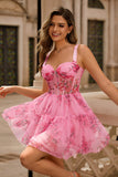 Pink Floral A-Line Spaghetti Straps Corset Short Prom Dress