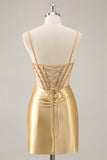 Golden Bodycon Spaghetti Straps Corset Beaded Short Graduation Dress