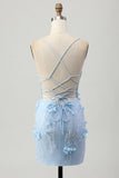 Blue Corset Sequins Floral Bodycon Graduation Dress